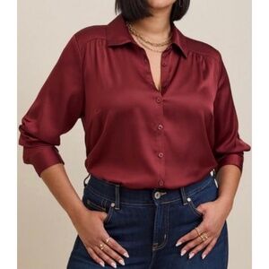 🆕 Madison Satin Button Up Long Sleeve Shirt 1 1X 14 16 NWT Torrid New! Maroon